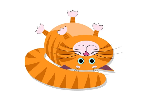 Cute Red Cartoon Fat Cat Kitty Funny Muzzle Face Lies — Stock Vector