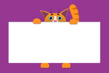 Komik bir ağızlık takan küçük sevimli kırmızı çizgi film kedisi beyaz bir sayfa, kağıt, duyurular ve yazıtlar için bir tahta tutuyor. Evcil hayvan dükkanı, hayvan mağazaları, kediler beslenme ve yemek için. Vektör yatay izole edildi