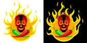Horké červené a zelené mexické papriky na pozadí ohně s hořící lebkou. Logo, ilustrace na pikantní mexická, indická jídla, omáčky. Vektor izolovaný ve dvou provedeních pro vaření