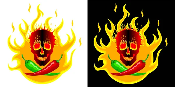 Hot Red Green Mexican Peppers Background Fire Burning Skull Logo — Stock Vector