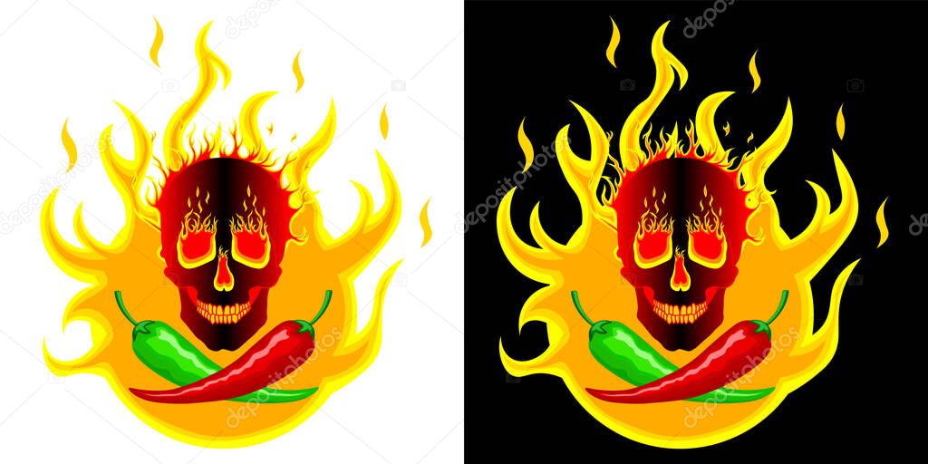 Hot red and green mexican peppers on the background of fire with a burning skull. Logo, illustration for spicy hot Mexican, Indian dishes, sauces. Vector isolated in two designs for cooking