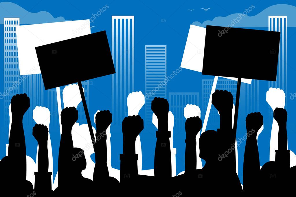 Public protests. Silhouettes of hands with posters on the background of the city landscape, skyscrapers. Black silhouettes of raised fists, protesters, indignation. Vector. News illustration, info