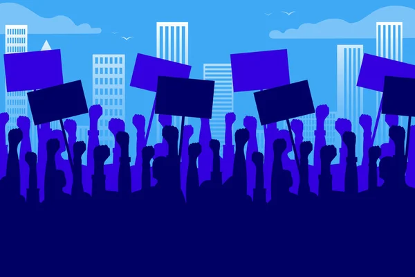 Δημόσιες Διαμαρτυρίες Σκιαγραφίες Χεριών Αφίσες Στο Φόντο Του Τοπίου Της — Διανυσματικό Αρχείο