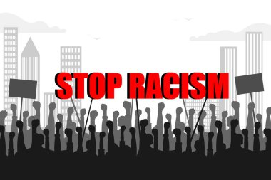 İtiraz ediyorum. Stylize edilmiş yazıtlar, şehrin arka planında posterleri ve gökdelenleri olan el siluetleri olan RACISM. Kalkmış yumrukların siyah siluetleri, protestocular. Vektör