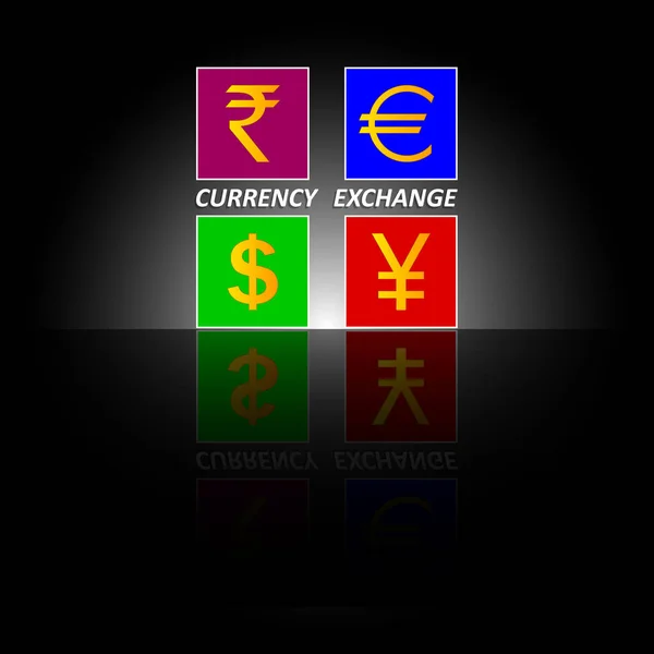 銘文通貨交換 鏡面反射で黒の背景に金融取引のための通貨 異なる国のお金のシンボル 金融会社 取引所事務所 — ストックベクタ