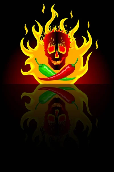 Pimientos Mexicanos Rojos Verdes Picantes Fondo Del Fuego Con Cráneo — Vector de stock