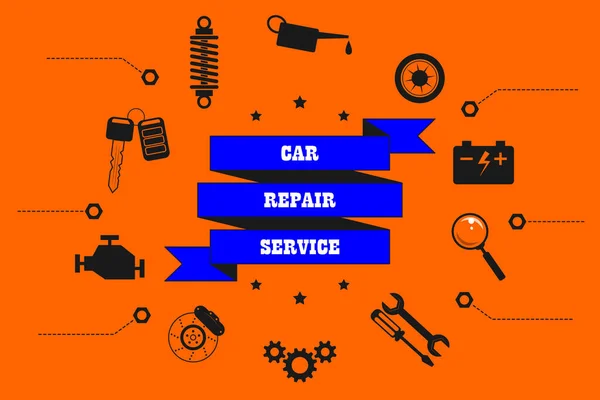 Car Repair Service Diagnostics Maintenance Tire Fitting Inscription Ribbon Spares — Stock Vector