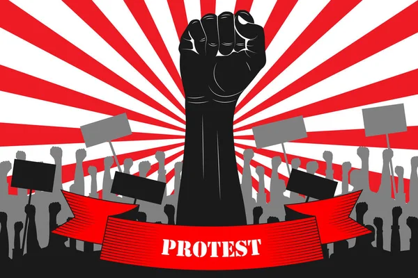 Protest Sylwetka Podniesionej Pięści Wstążką Napisem Protest Tle Protestujących Ludzi — Wektor stockowy