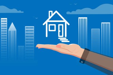 Emlakçı. Satıcının kadın eli, takım elbiseli alıcı avucunun içinde bir ev tutuyor. Şehir manzarasının arka planında, gökdelenler. İpotek, depozito, kredi, banka. Vektör izole edildi