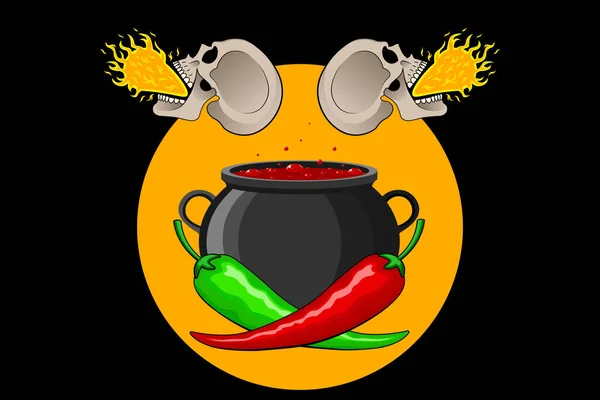 火红绿色的墨西哥胡椒在一个大锅的背景下 热火朝天地烤着墨西哥菜 头盖骨从嘴里喷出 用于烹饪 广告的病媒隔离 — 图库矢量图片