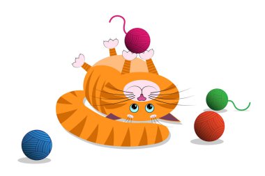 Şirin kırmızı çizgi film şişman bir kedi, komik bir ağızlık takmış kedi, yüzü sırtüstü uzanıyor ve pençelerini tutuyor, iplik topları oynuyor. Mavi gözlü, uzun bıyıklı, keskin kulaklı ve pençeli bir kedi. Evcil hayvan dükkanı için