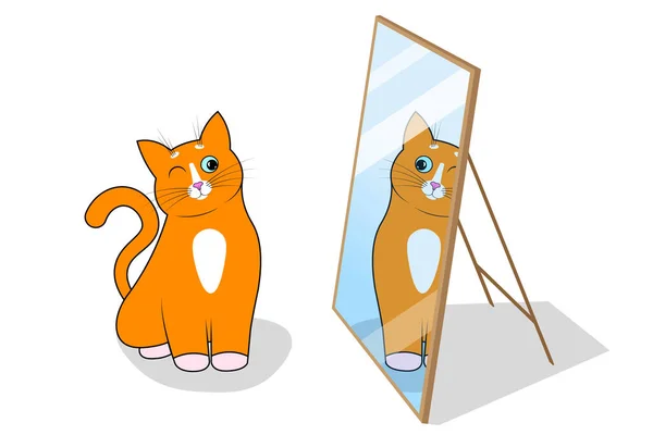 一只可爱的卡通红色猫 长着滑稽的口吻 快乐的脸笔直地坐着 看着镜子里的它的倒影 有蓝眼睛 长胡子 尖耳朵的猫 动物商店 宠物商店 — 图库矢量图片
