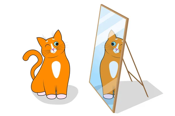 Şirin kırmızı bir kedi, komik bir ağızlık takmış kedi, gülen yüz dik oturuyor ve aynadaki yansımasına bakıyor. Mavi gözlü, uzun bıyıklı, keskin kulaklı bir kedi. Hayvan mağazası için, evcil hayvan dükkanı.