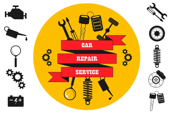 汽车维修服务 轮胎配件 在带子上登记 周围有零配件 机械零件和工具图标 以复古风格隔离的向量 用于服务 — 图库矢量图片