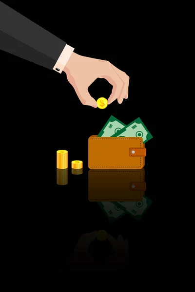 Χέρι Ενός Επιχειρηματία Ένα Κοστούμι Βάζει Ένα Χρυσό Δολάριο Ένα — Διανυσματικό Αρχείο