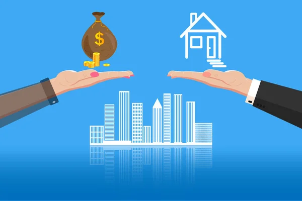 Emlakçı. Satıcının kadın eli avucunun içinde bir ev tutuyor, alıcı da bir çanta dolusu para tutuyor. Şehir manzarasının arka planında, gökdelenler. İpotek, krediler, kredi