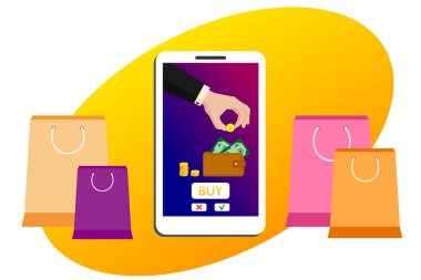 Akıllı telefon ekranında, takım elbiseli bir alıcı altın paralarla ödeme yapıyor, internetten satın alıyor. Yakınlarda paketler ve alımlar vardı. Çevrimiçi ödemeler, online alımlar. Vektör izole edildi