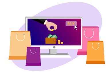 Monitörde, takım elbiseli bir alıcı altın paralarla ödeme yapıyor, internetten satın alıyor. Yakınlarda paketler ve alımlar vardı. Çevrimiçi ödemeler, online alımlar. Vektör izole edildi