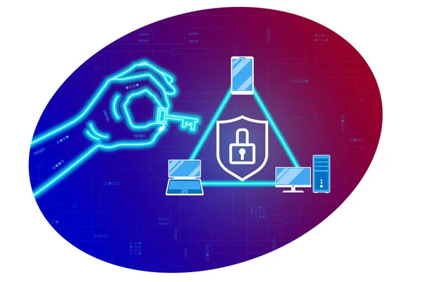 Netværk Cybersikkerhed Databeskyttelse Elektronisk Betaling Transaktion Cyber Neon Hånd Åbner – Stock-vektor