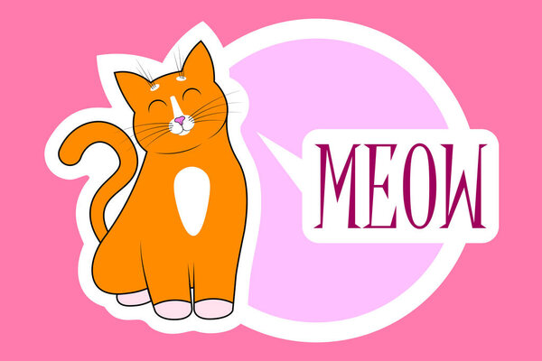 A cute cartoon red cat, kitty sit with closed eyes and happy face, muzzle. With inscription Meow. With white outline. For animal store, pets shop. Vector isolated High Quality Ai, EPS, JPEG