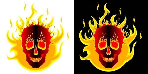 Terrible Cráneo Humano Sonriente Ardiendo Brillante Fuego Ardiente Lenguas Llama — Vector de stock