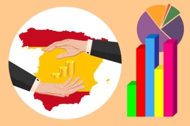 İspanya ekonomisi ve bütçesi. Altın sikkelerin etrafında iş elbisesi giymiş iki kadın eli. İspanya haritası ulusal bayrak renginde. Korunma sembolü, istikrar. Vektör yatay