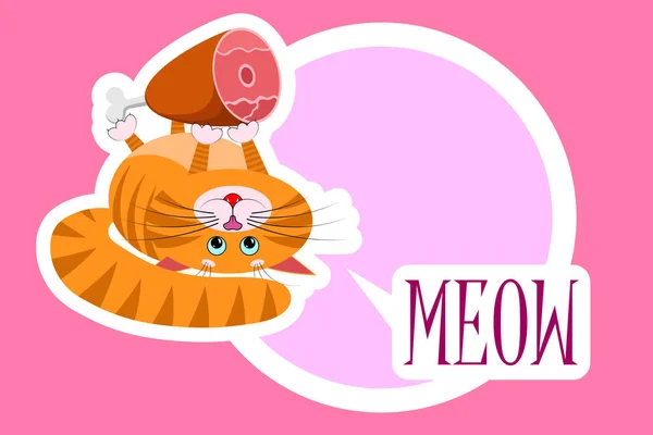 Food for cats and pets. A cute cartoon red fat cat, kitty lies on its back and holds in its paws big appetizing ham. With inscription Meow. With white outline. For animal store, pets shop. Vector