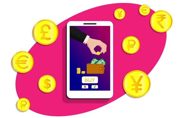Akıllı telefon ve telefon başvurusu. Elektronik ödeme, para transferleri, dünya çapında, farklı ülkelere transferler. Akıllı telefon ekranında, takım elbiseli bir alıcı altın paralarla ödeme yapıyor..
