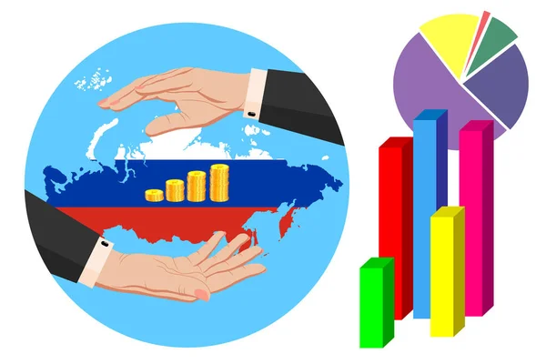 Rusya Federasyonu 'nun ekonomisi ve bütçesi. Altın ruble paraların etrafında iş elbisesi giymiş iki kadın eli. Ulusal bayrak renginde Rusya Federasyonu haritası. Korunma sembolü, istikrar