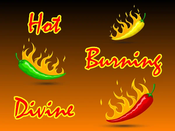 Illustration Red Green Yellow Burning Hot Mexican Peppers Fire Burning — Stock Vector