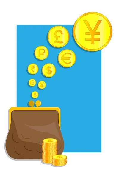 Altın Para Yığınları Deri Bir Cüzdanın Cüzdanın Banknotların Yanında Duruyor — Stok Vektör