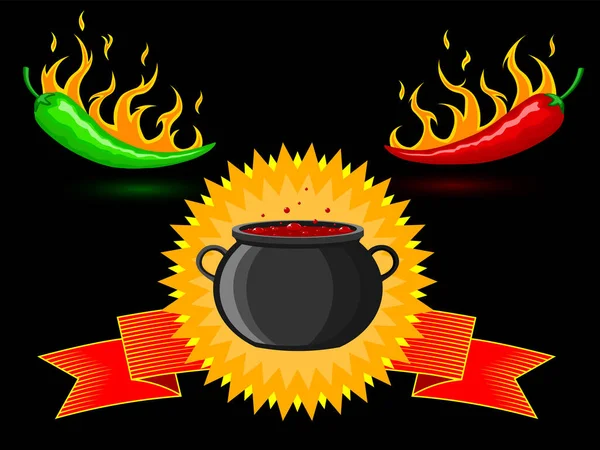 Pembakaran Cauldron Pedas Mexican Merah Dan Paprika Hijau Terbakar Atas - Stok Vektor