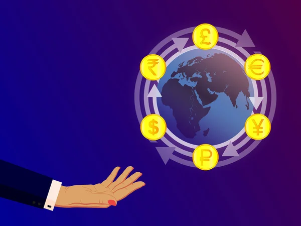 Ilustración Para Cambio Divisas Símbolos Dinero Monedas Diferentes Países Del — Vector de stock