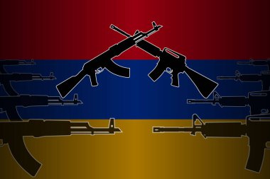 Ermenistan 'da silahlı çatışma ve çatışmalar için resim. Çapraz saldırı tüfeklerinin silüetleri Ermenistan bayrağının arka planında düşmanlığın sembolü. Haber, makale, blog için