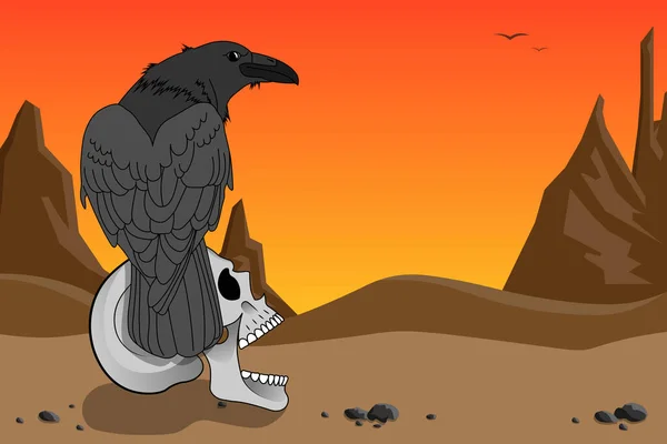 Black Raven Sits Grinning Human Skull Old Style Western Illustration — Stock Vector