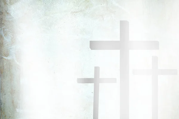 キリスト教の宗教概念に適した キリストの十字架上の光漏れを持つ白い墓コンクリート壁の背景 — ストック写真