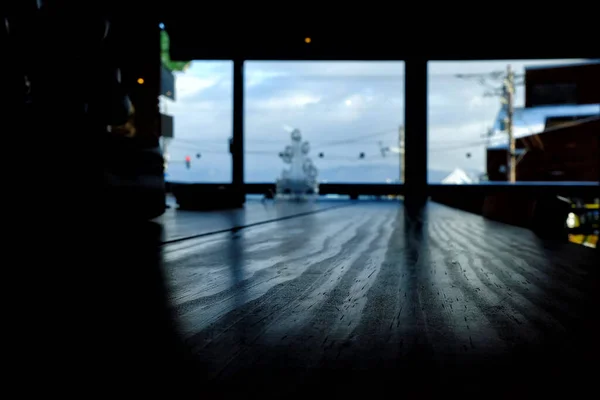 Primer Plano Superficie Mesa Madera Café Con Fondo Bokeh Enfoque — Foto de Stock