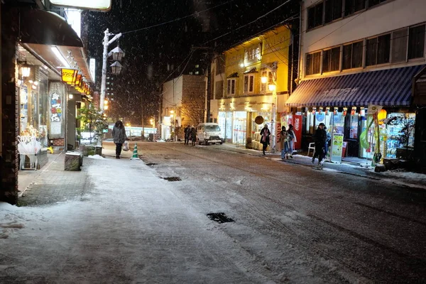 Noboribetsu Japan November 2019 Snowy Night Walking Street Noboribetsu Onsen — Stock Photo, Image