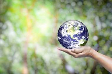Dünya 'yı Soyut Yeşil Yapraklar Bokeh ve Güneş Işığı Arkaplanı ile Tutmak, Dünyayı ve Çevreyi Kurtarmaya Uygun. Bu Görüntünün Elementleri NASA Tarafından Destekleniyor.