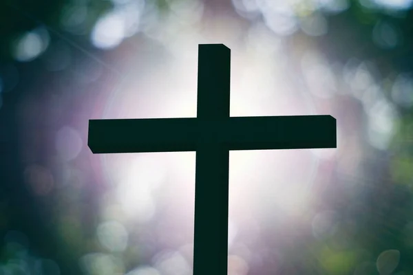 Crucifixion Christ Cross Silhouette Sunlight Beam Beautiful Bokeh — 스톡 사진