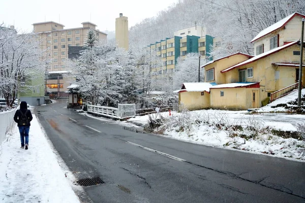 Snowing Rural Noboribetsu Winter Famous Tourist Attraction Onsen City Hokkaido — Stock Photo, Image