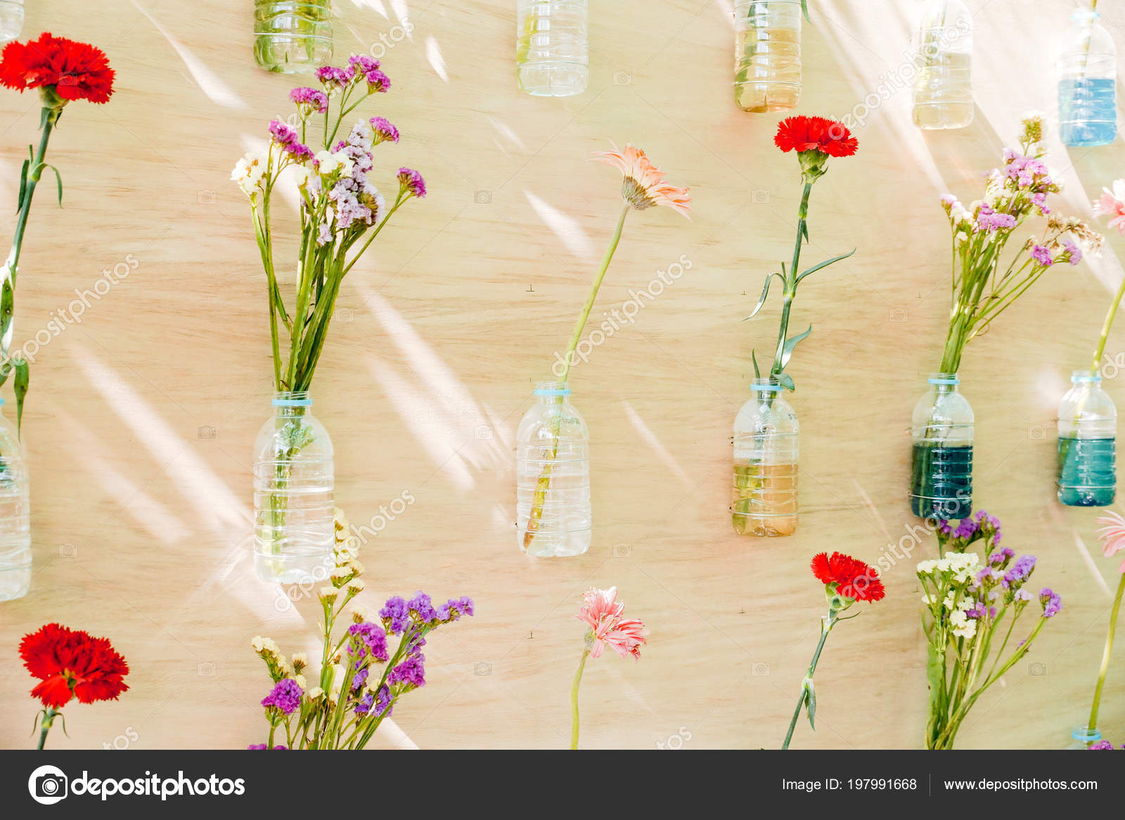 Colorful Flowers Plastic Bottles Hung Wooden Wall Home Decoration