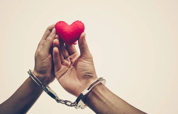 Couple Hands Holding Red Heart Together Hand Cuffs Love Romance — Stock Photo, Image