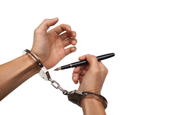 Hand Met Een Pen Probeert Ontgrendelen Handboeien Vrijheid Van Pers — Stockfoto