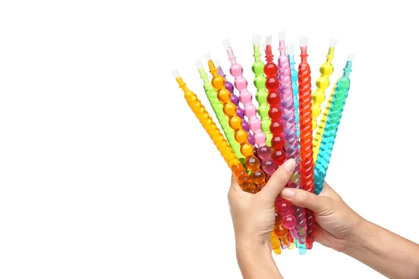 Hands Holding Colorful Jelly Sticks Isolated White — Stock Photo, Image