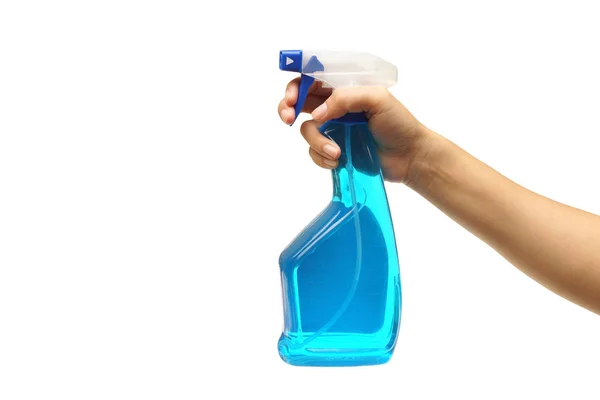 Mano Femenina Sosteniendo Spray Limpiador Vidrio Aislado Blanco —  Fotos de Stock