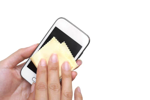 Hand Mit Einem Tuch Ein Smartphone Isoliert Auf Weiß Reinigen — Stockfoto