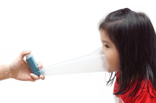 Girl Using Treatment Spray Deal Asthma Breathing Problems Isolated — Stock Photo, Image