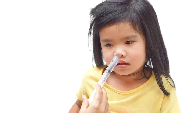 Asian Girl Using Nasal Irrigation Isolated White Background Copy Space — Stock Photo, Image