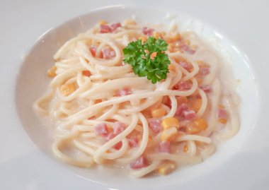 Üzerinde beyaz bir tabak spagetti carbonara closeup çekim